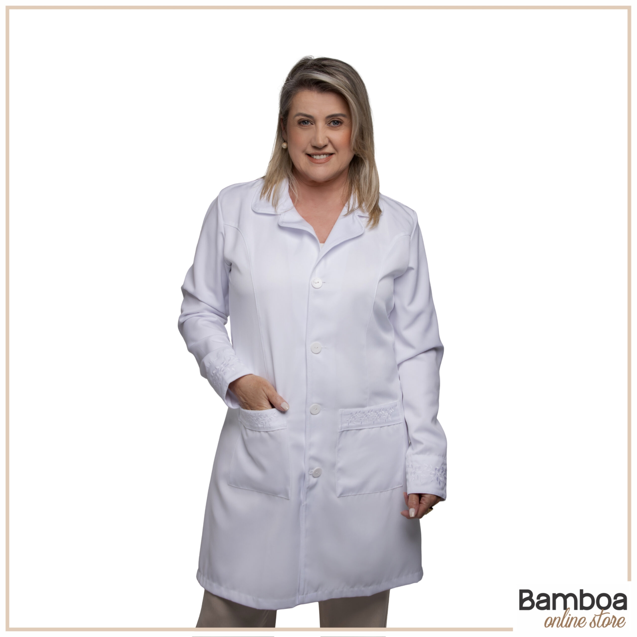 Jaleco Feminino Gabardine Branco Com Bordado Branco