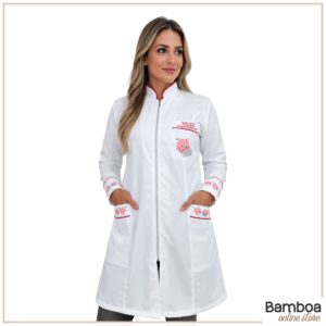Jaleco Gabardine Manga Longa - Branco com Detalhes Estampa Cérebro