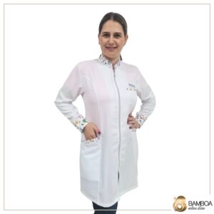 Jaleco Feminino Gabardine - Branco com Detalhes Estampa Alegria