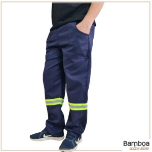 Calça De Brim Pesado com Faixa Refletiva Azul Marinho e Verde Fluorescente