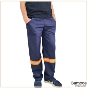 Calça De Brim Pesado com Faixa Refletiva Azul Marinho e Laranja Fluorescente