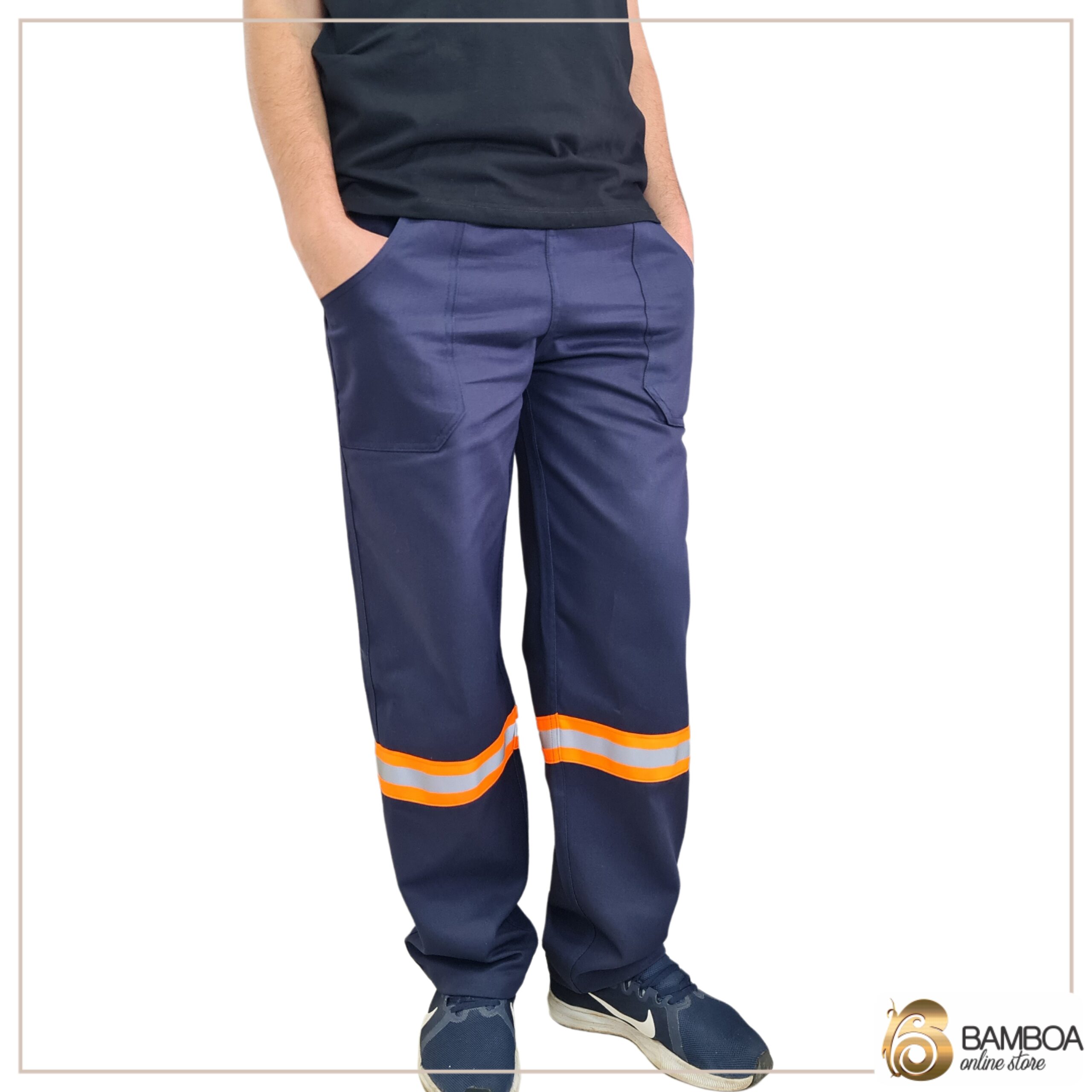Calça De Brim Pesado com Faixa Refletiva Azul Marinho e Laranja Fluorescente