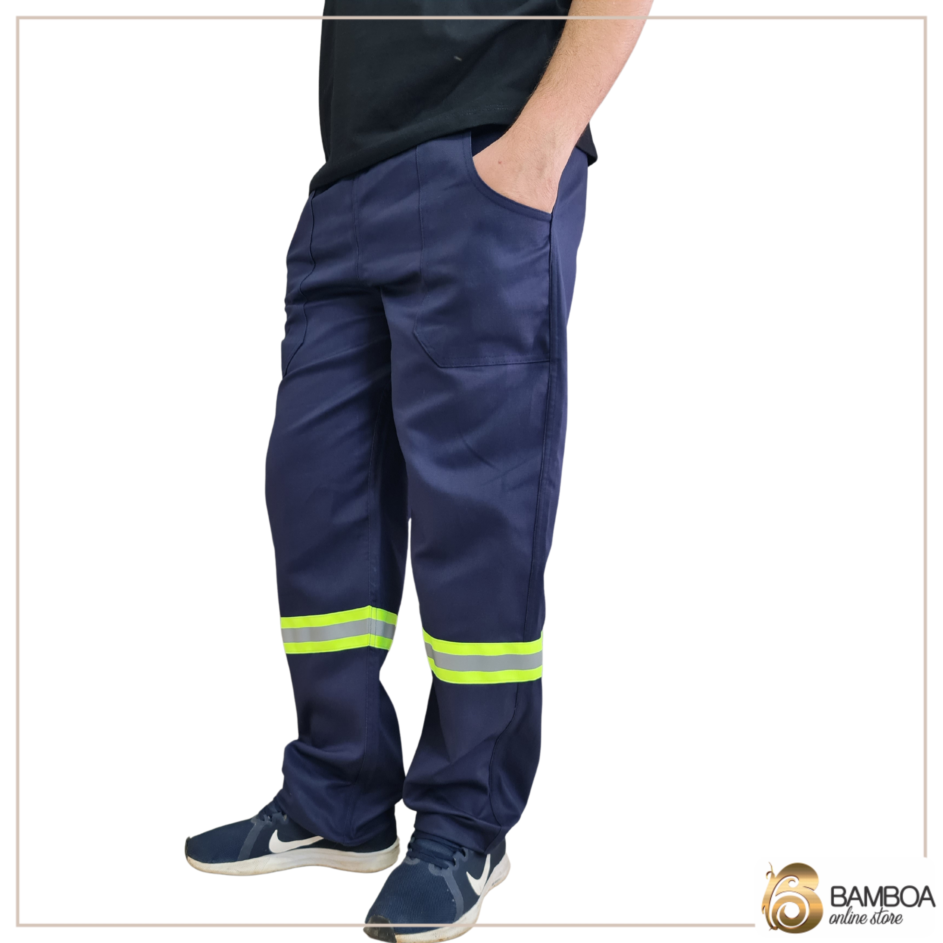 Calça De Brim Pesado com Faixa Refletiva Azul Marinho e Verde Fluorescente