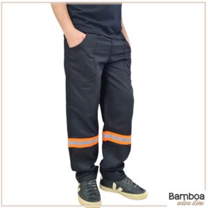 Calça De Brim Pesado com Faixa Refletiva Preta e Laranja Fluorescente