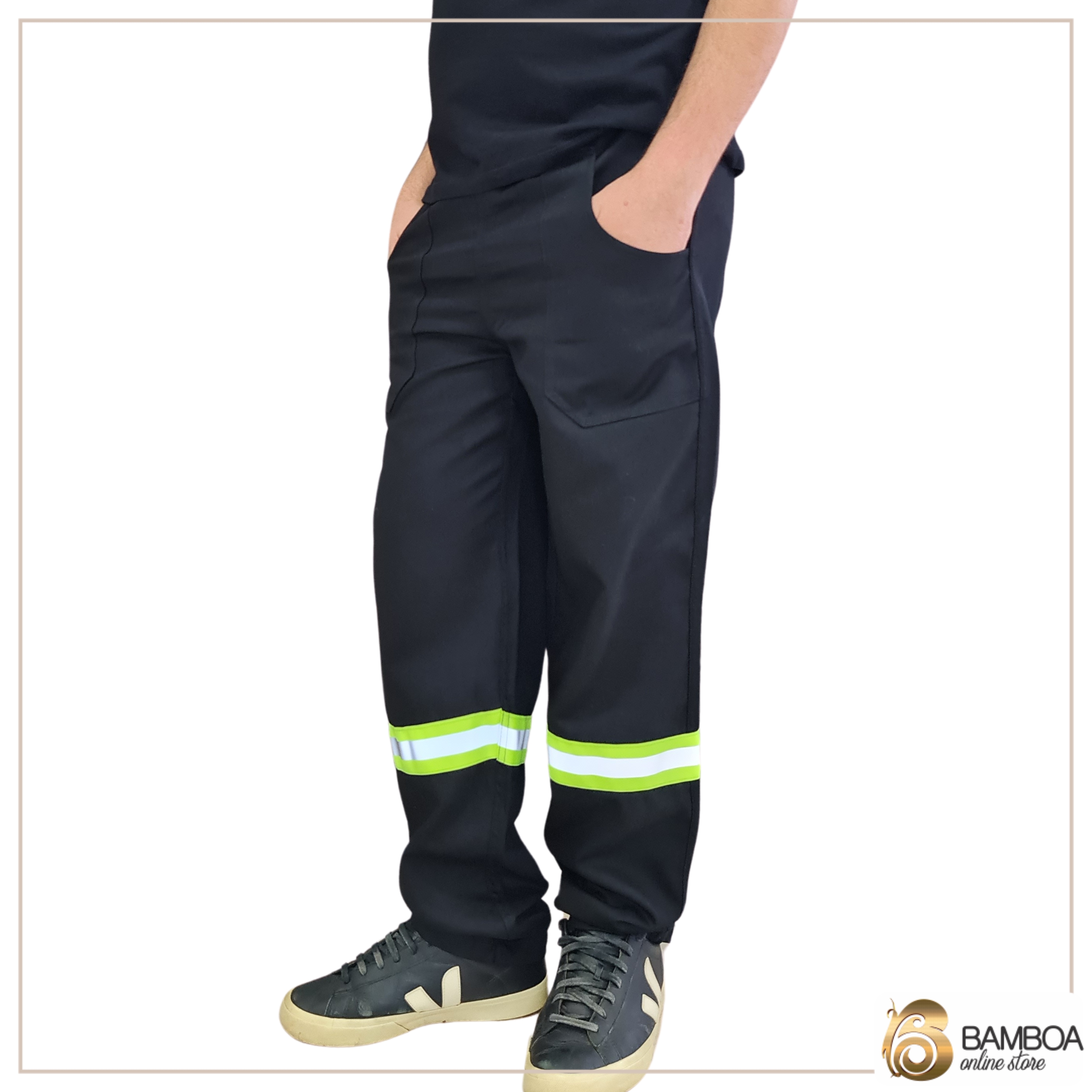 Calça De Brim Pesado com Faixa Refletiva Preta e Verde Fluorescente