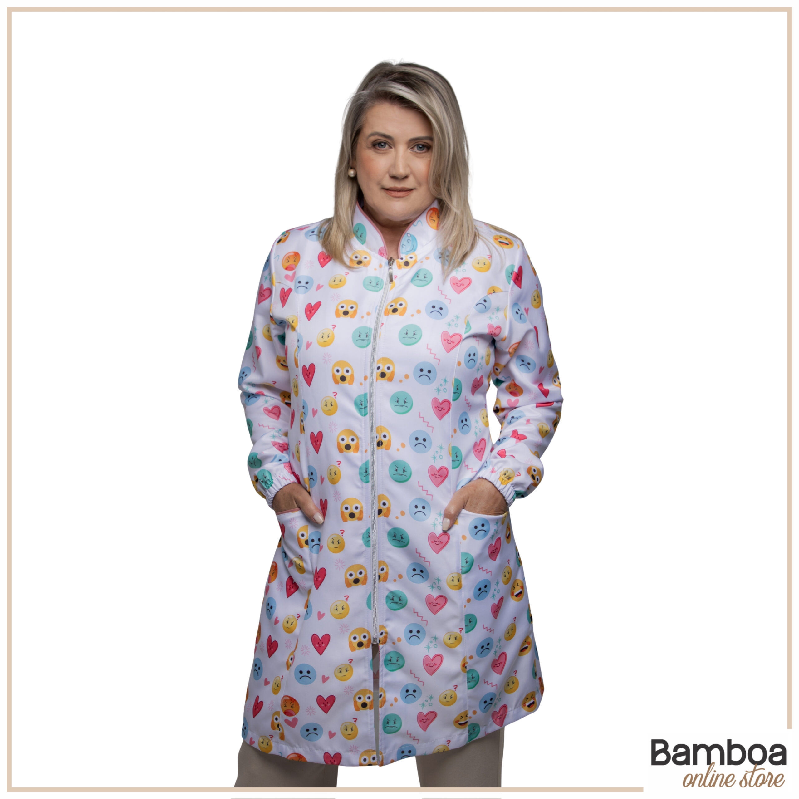 Jaleco Feminino Gabardine - Estampa Emoções - Com Zíper
